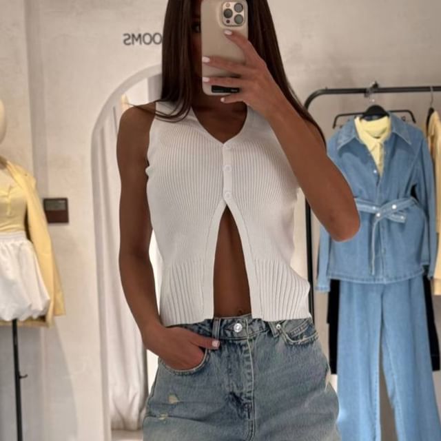 V-Neck Slit Plain Button-Up Crop Sweater Vest