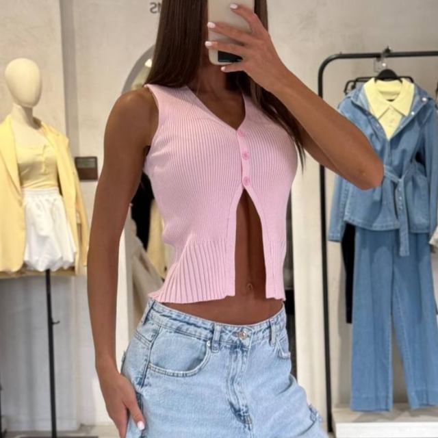 V-Neck Slit Plain Button-Up Crop Sweater Vest