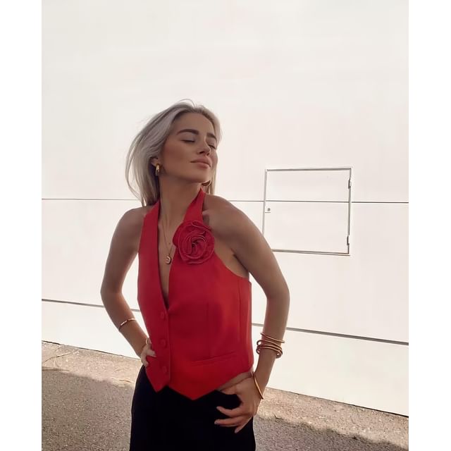 Halter Flower Back Plain Open Crop V-Neck Vest Single-Breasted Accent