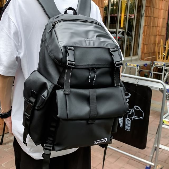 Buckled Faux Lettering Leather Backpack