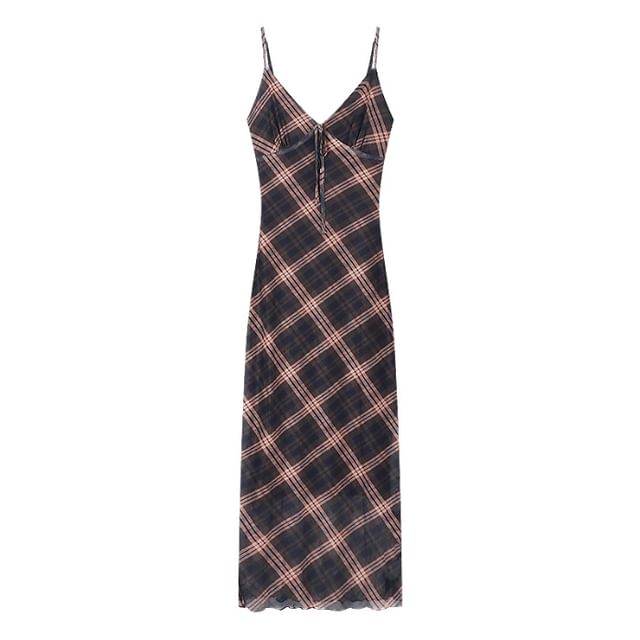 Dress Plaid Sleeveless V-Neck Maxi Print