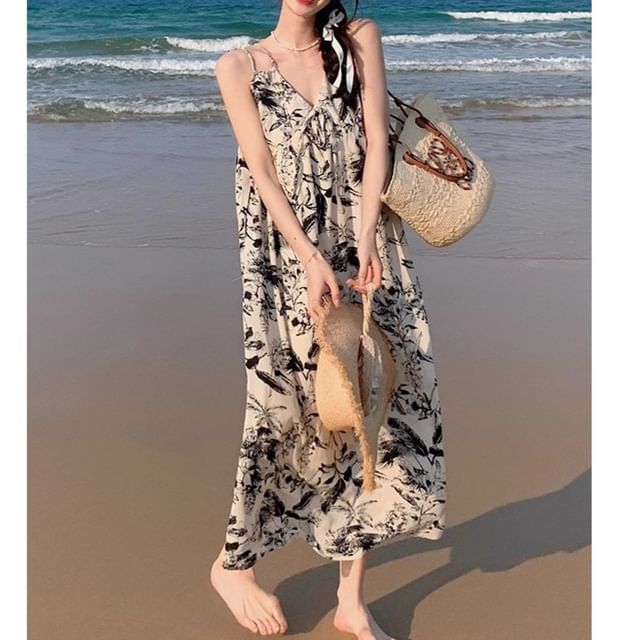 Print Spaghetti Dress Strap V-Neck Floral Maxi