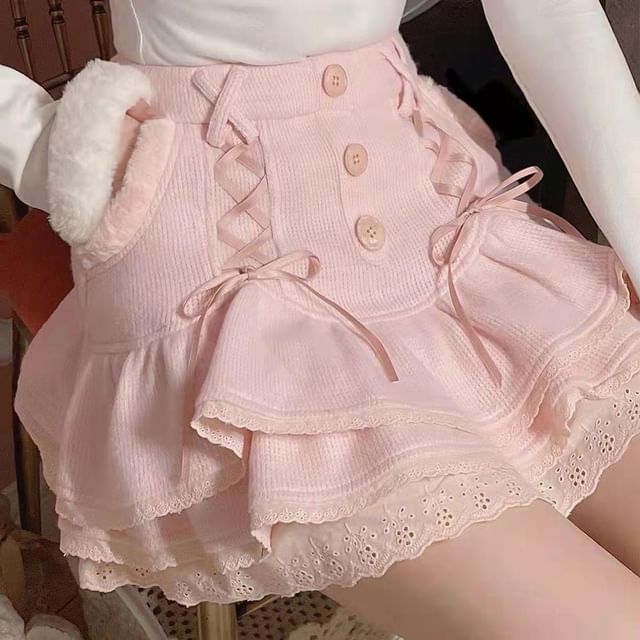Knit Skirt Lace Mini Tiered Waist High Trim