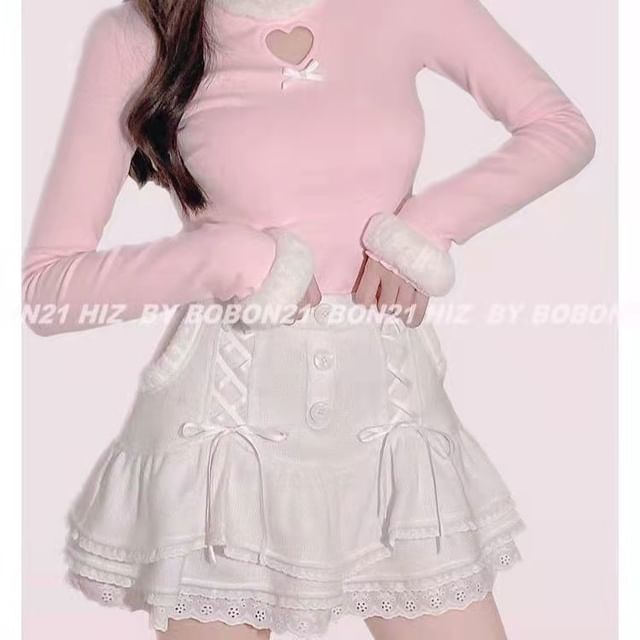 Knit Skirt Lace Mini Tiered Waist High Trim