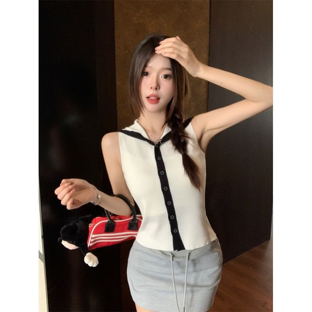 Collar Top Button-Up Sailor Sleeveless Knit