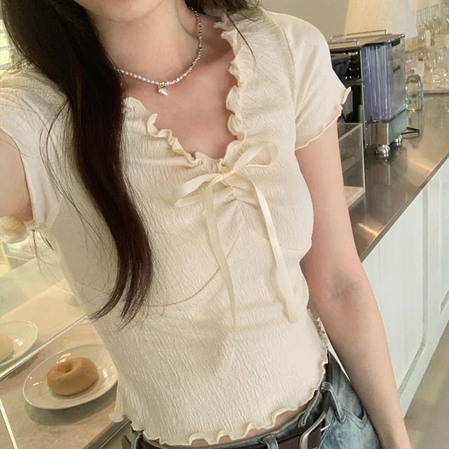 Short-Sleeve Lace V-Neck Crop Top