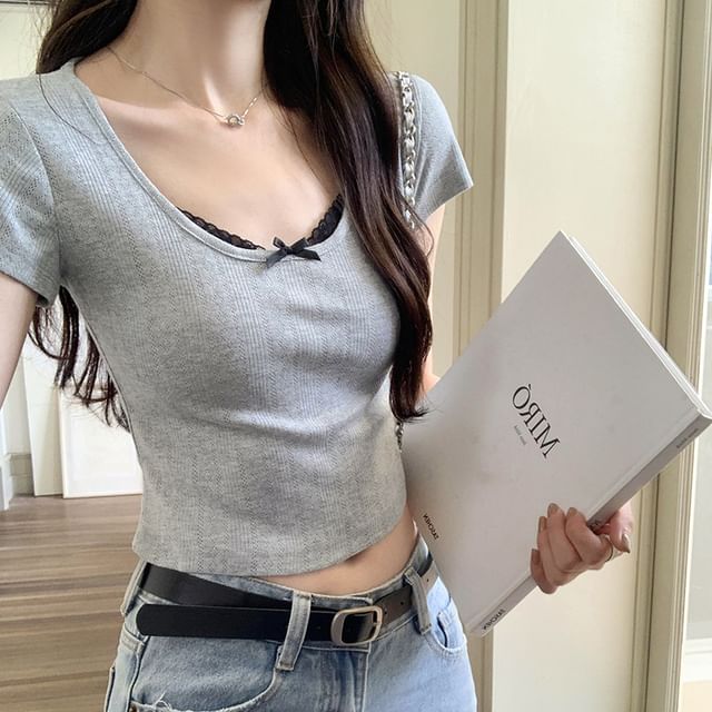 Neck Scoop Trim Top Sleeve Crop Short Lace