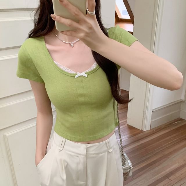 Neck Scoop Trim Top Sleeve Crop Short Lace