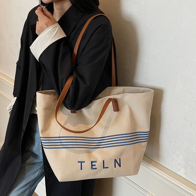 Bag Embroidered Tote Striped Lettering Canvas