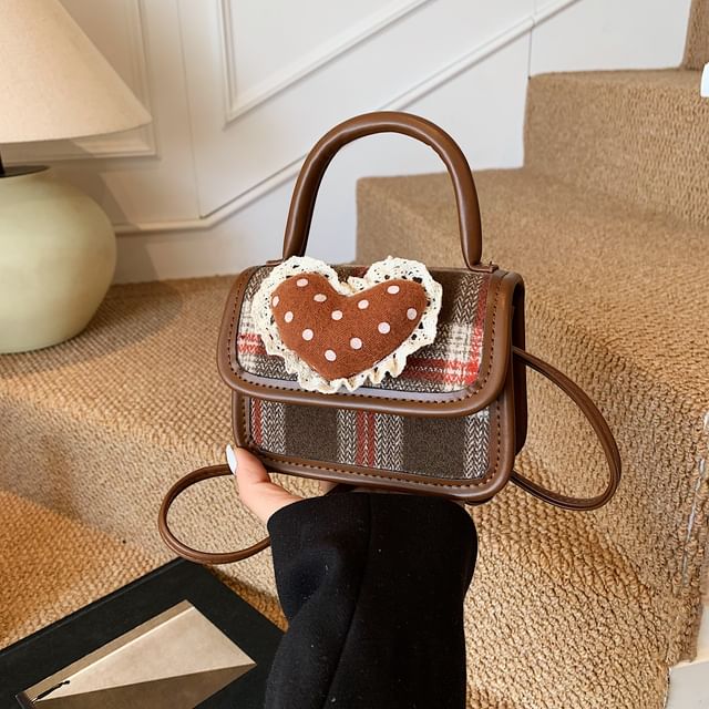 Heart Crossbody Flap Applique Bag Handle Plaid Top