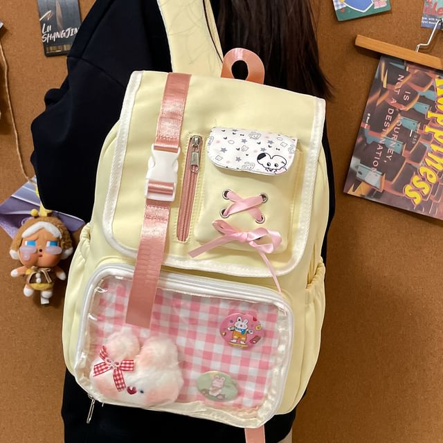 Backpack Nylon PVC Panel Ribbon Gingham Buckled