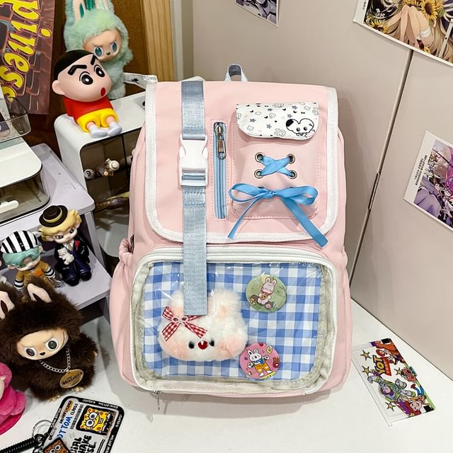 Backpack Nylon PVC Panel Ribbon Gingham Buckled