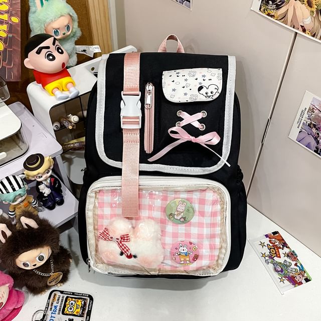 Backpack Nylon PVC Panel Ribbon Gingham Buckled