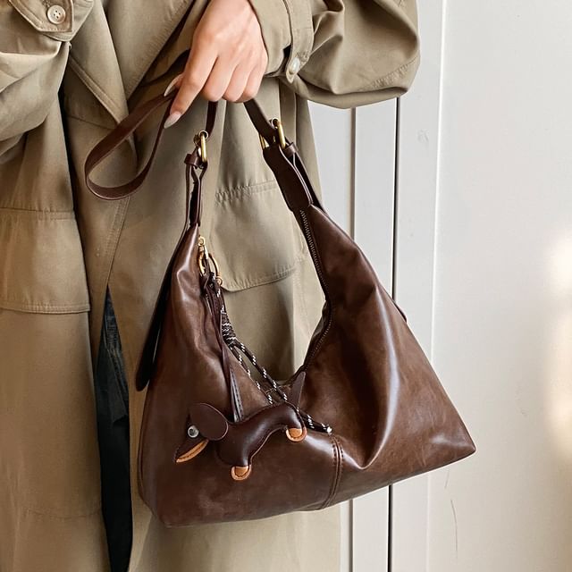 Plain Bag With Leather Charm Faux Crossbody