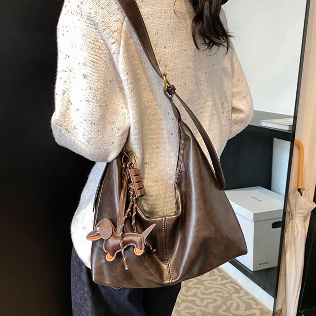 Plain Bag With Leather Charm Faux Crossbody