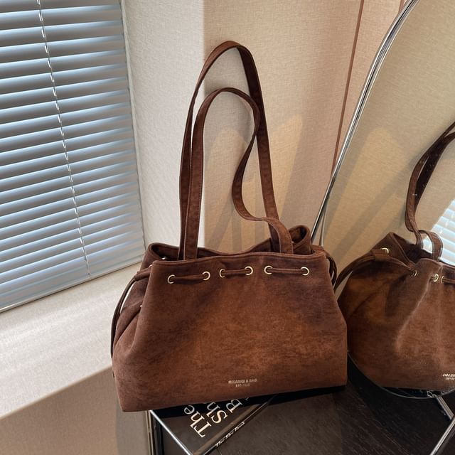 Drawstring Suede Faux Tote Plain Bag