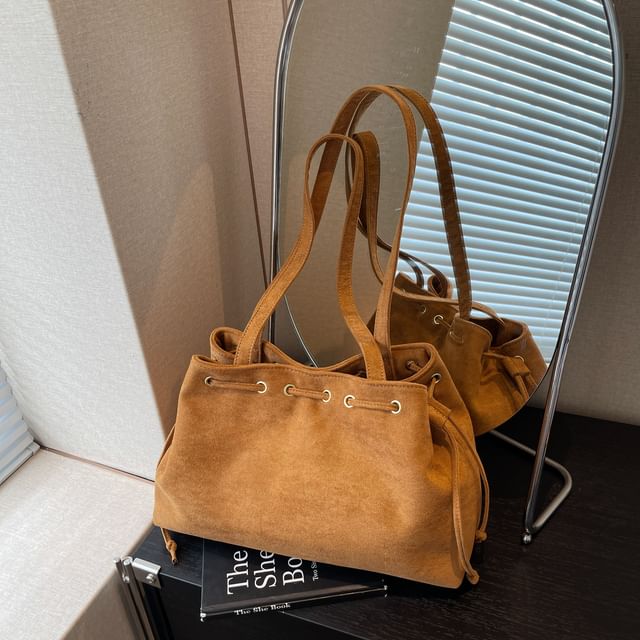 Drawstring Suede Faux Tote Plain Bag