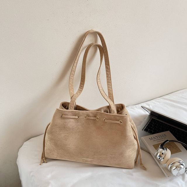 Drawstring Suede Faux Tote Plain Bag