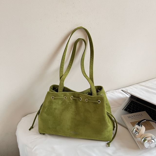 Drawstring Suede Faux Tote Plain Bag