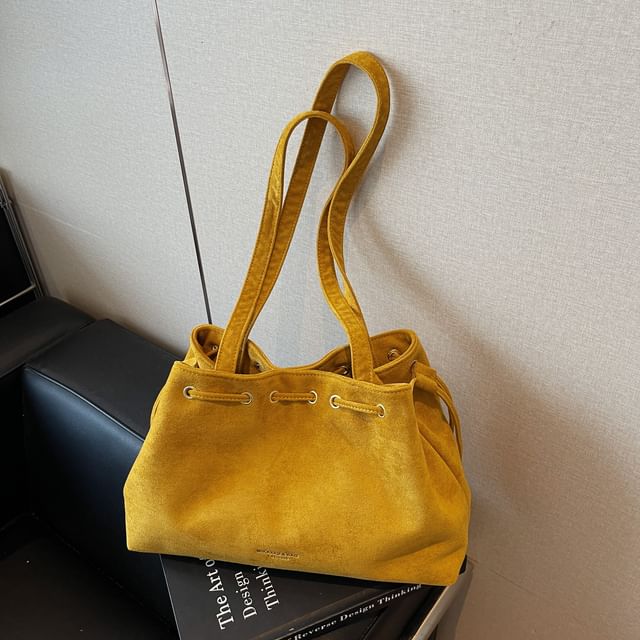 Drawstring Suede Faux Tote Plain Bag