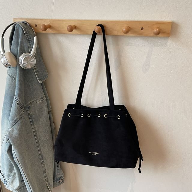 Drawstring Suede Faux Tote Plain Bag