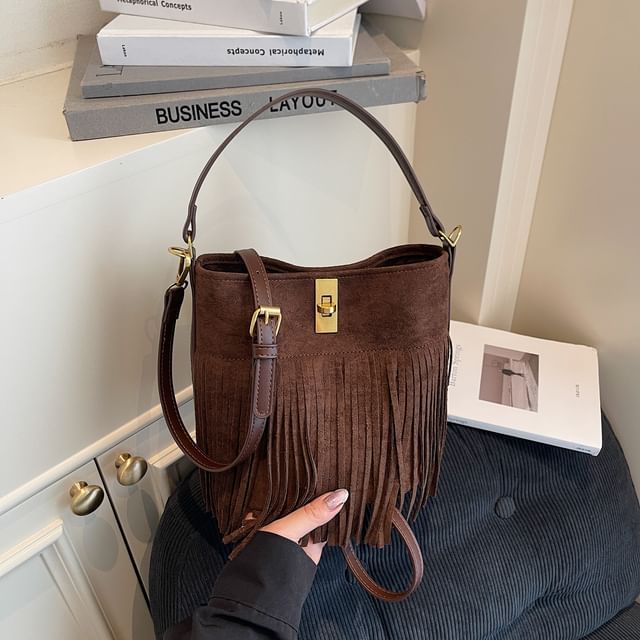 Faux Crossbody Pouch Fringe Plain Bag With Suede