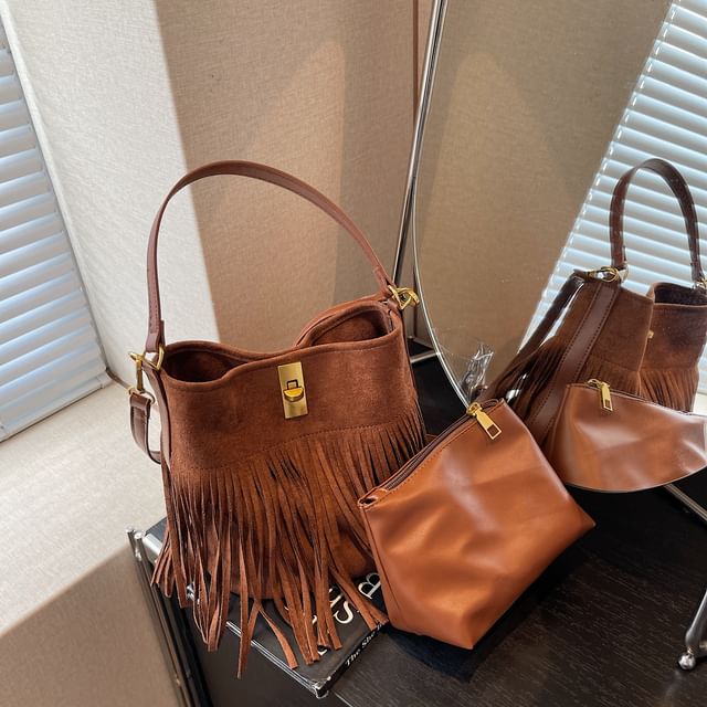 Faux Crossbody Pouch Fringe Plain Bag With Suede