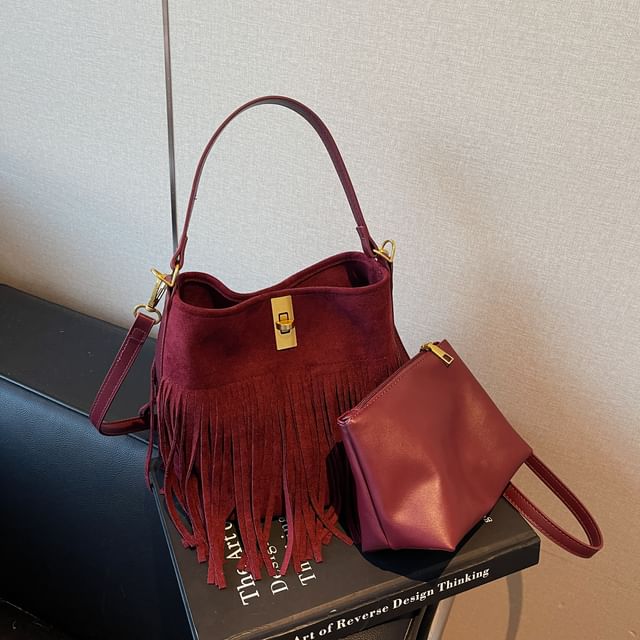 Faux Crossbody Pouch Fringe Plain Bag With Suede
