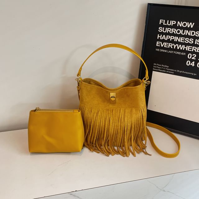 Faux Crossbody Pouch Fringe Plain Bag With Suede