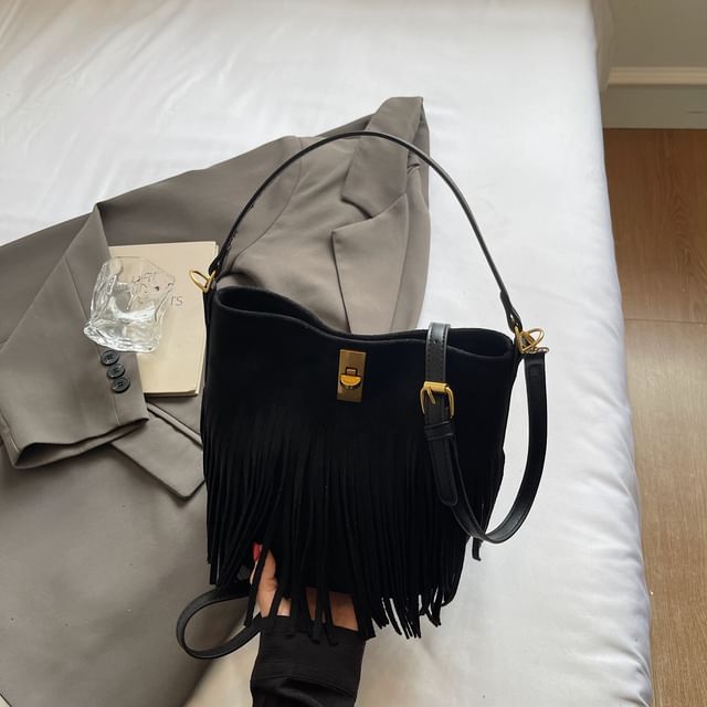 Faux Crossbody Pouch Fringe Plain Bag With Suede