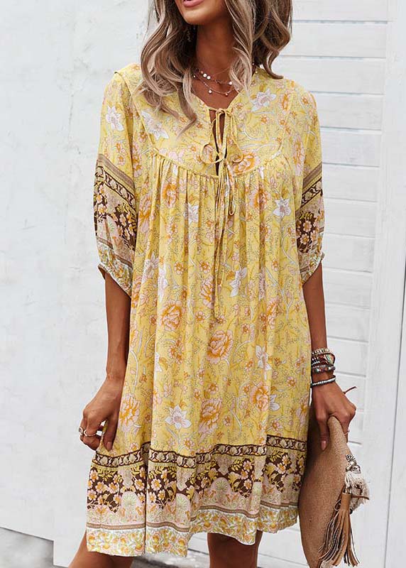 Print Yellow Mid Lace Tie Half Beach Sleeve Dress