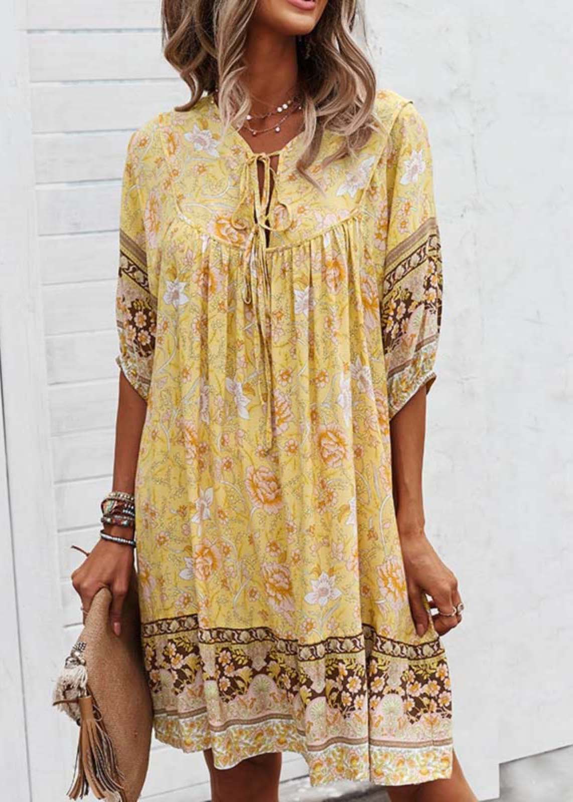 Print Yellow Mid Lace Tie Half Beach Sleeve Dress