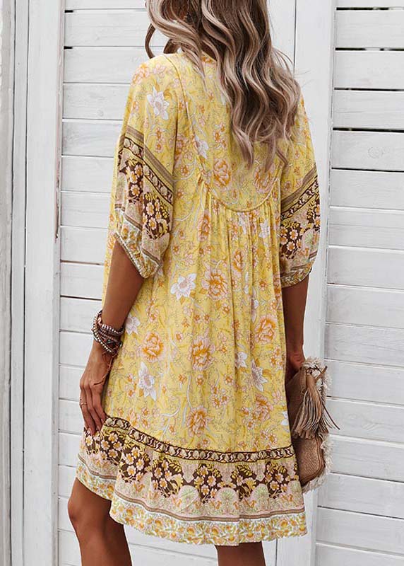 Print Yellow Mid Lace Tie Half Beach Sleeve Dress