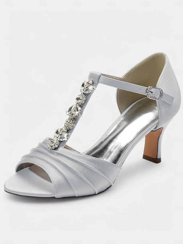 Crystal Detail Heels – Open-Toe Satin White with Bridal