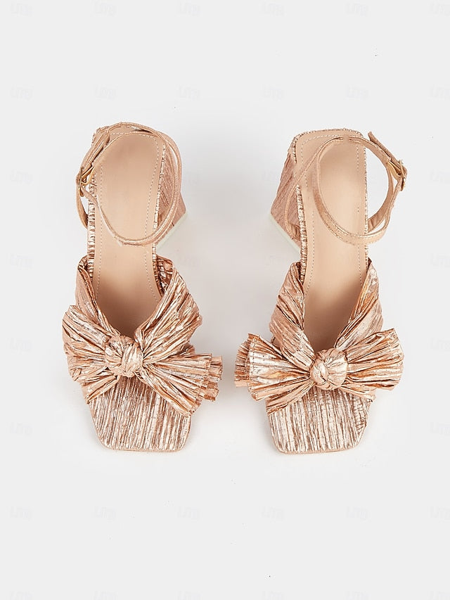 Detail and Rose Block with Heel Gold Knot Textured Sandals