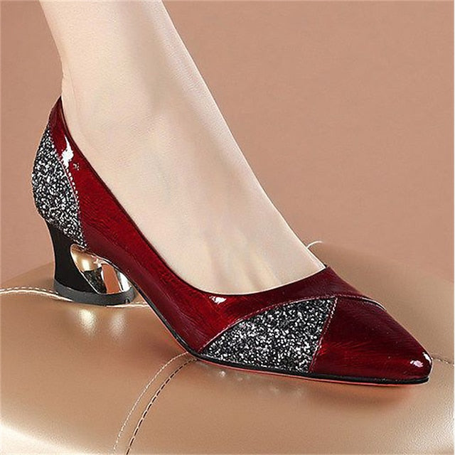 Faux Heels Glitter-Accented Women's Leather Block Patent
