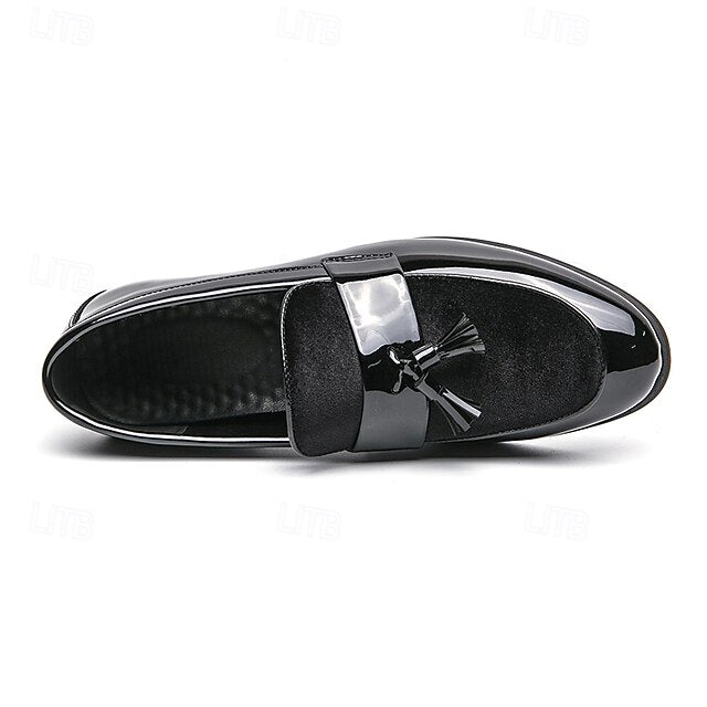 Velvet Men's Leather Patent Faux – Loafers Tassel Black