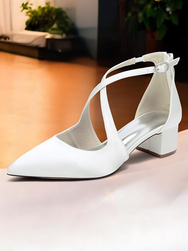 Toe Pointed Block Elegant - Satin Women's Heels Ivory