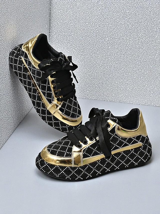 Quilted Women's Sneakers - Black Rhinestone Silver and