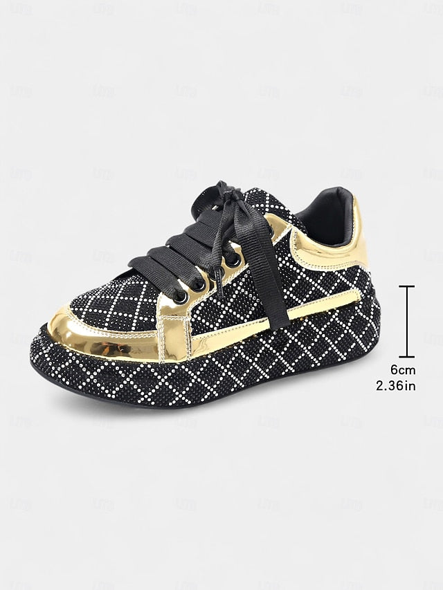 Quilted Women's Sneakers - Black Rhinestone Silver and