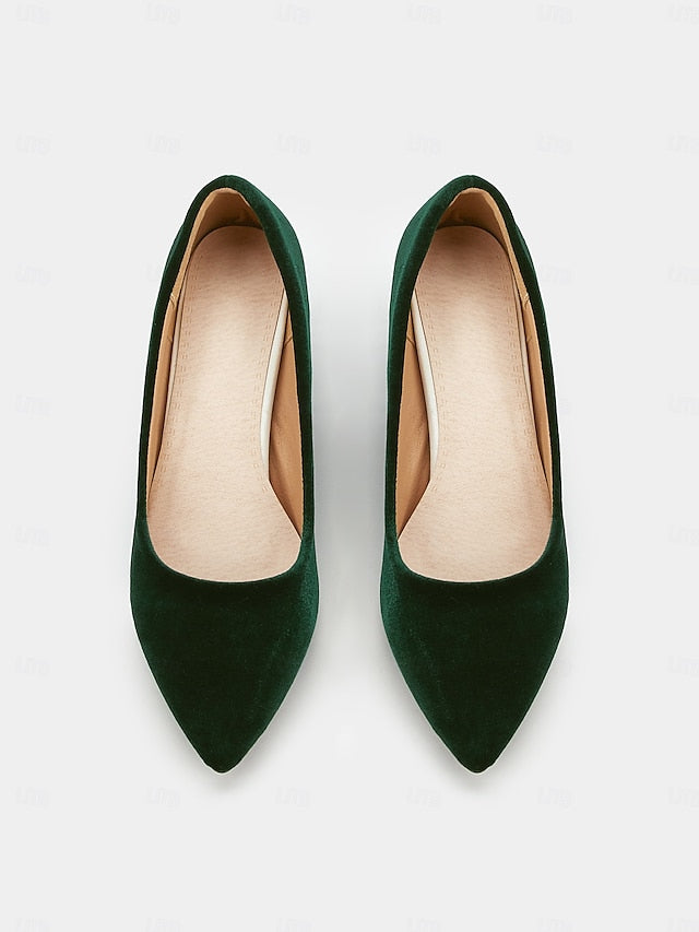 Toe Women's Green Pointed Elegant - Velvet Heel Block Pumps