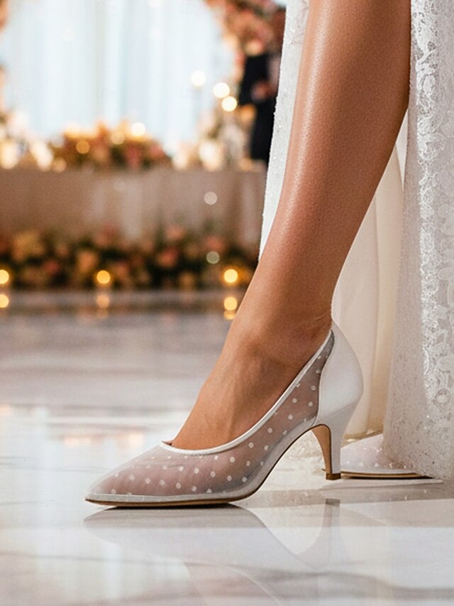 with and Shoes Mesh Low Dot Women's Wedding White Polka