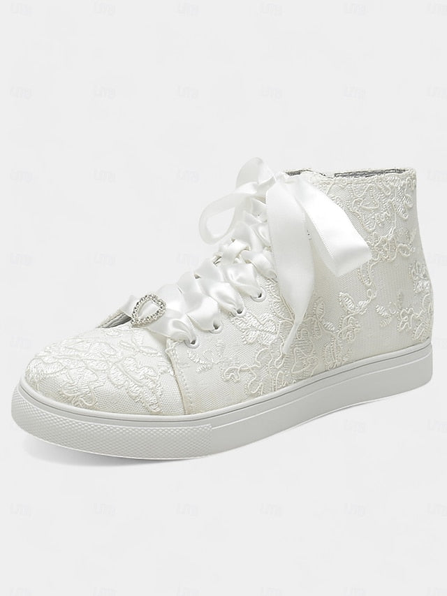 Lace Sneakers Wedding Women's Satin Laces with Ribbon Ivory