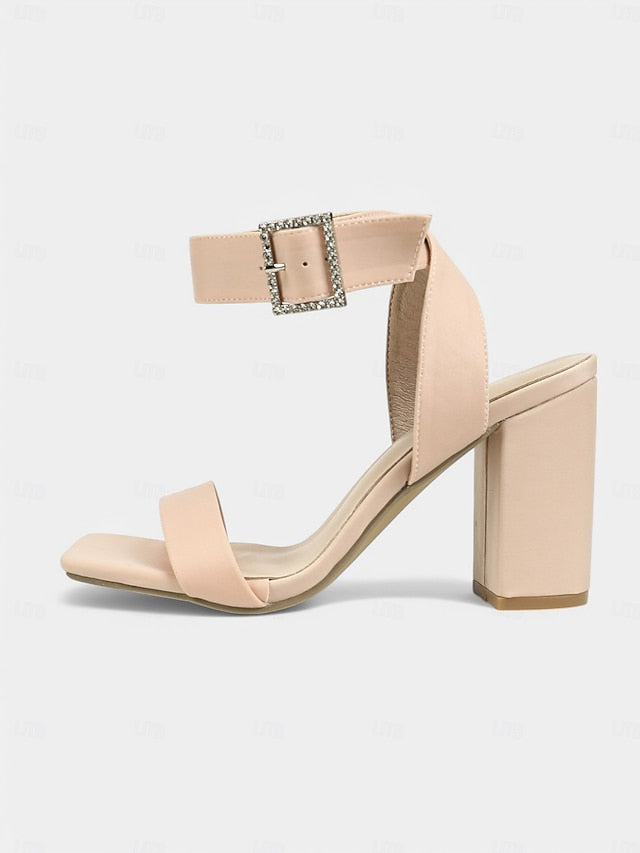 Heel Women's Block Nude Satin Sandals with Rhinestone