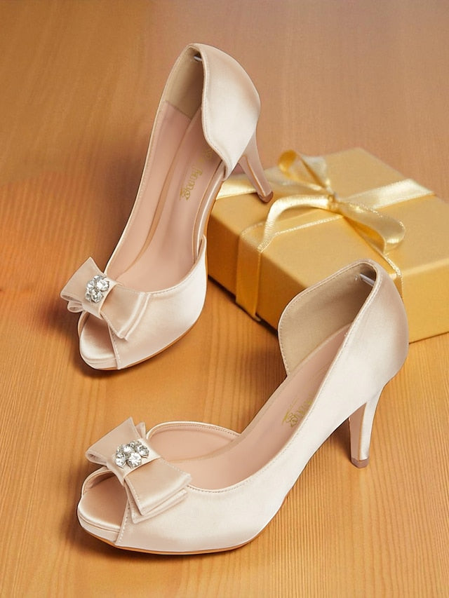 with Champagne Bow Women's and Peep Satin Heels Toe