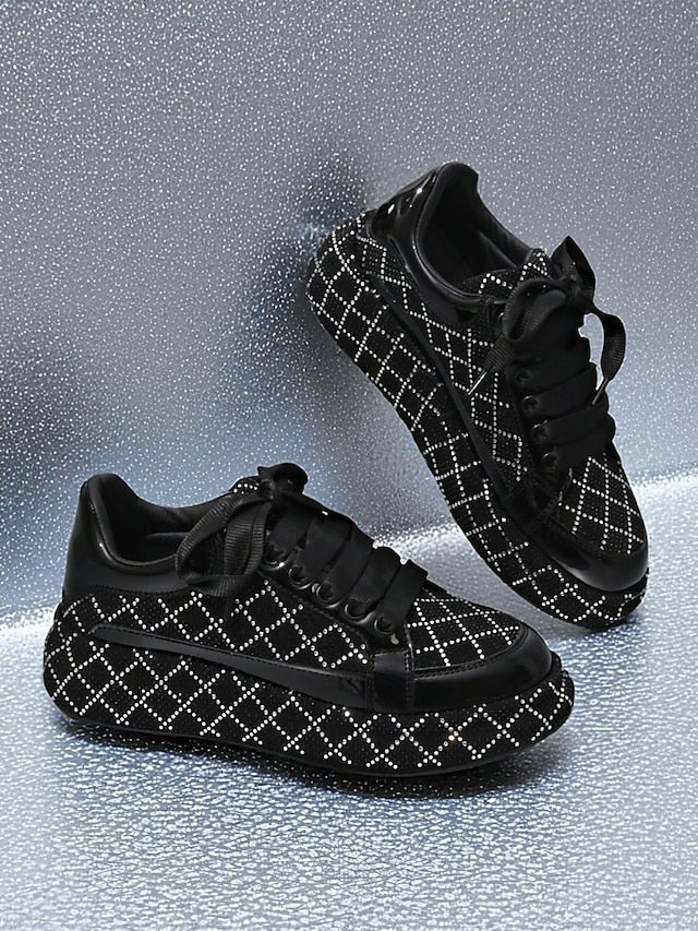 Quilted Women's Sneakers - Black Rhinestone Silver and