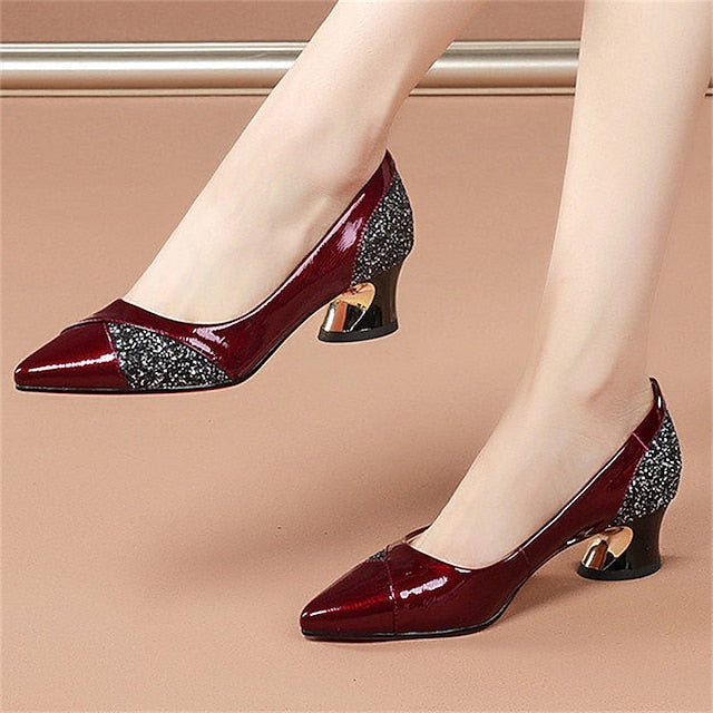 Faux Heels Glitter-Accented Women's Leather Block Patent