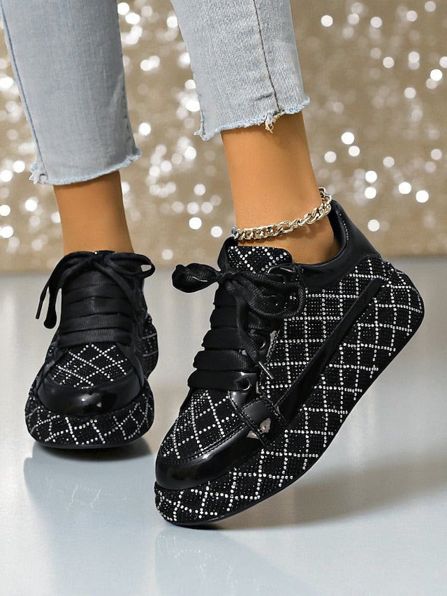 Quilted Women's Sneakers - Black Rhinestone Silver and