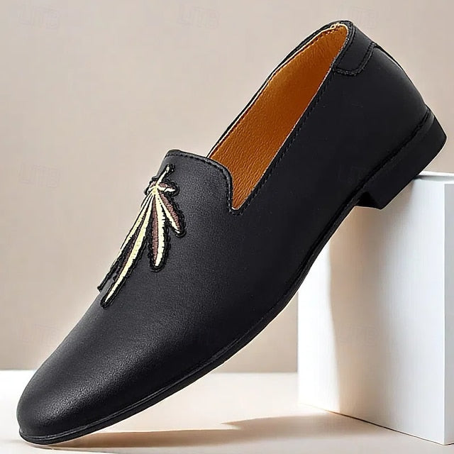 Men's Prom Shoes - White Faux Leather Loafers with Feather