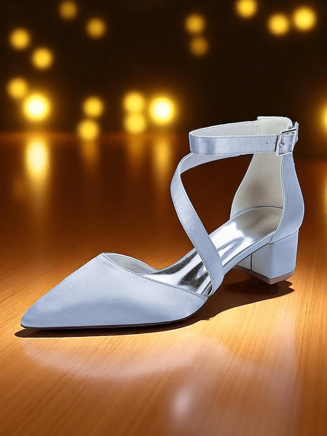 - Champagne Satin Pointed Toe Block Women's Heels